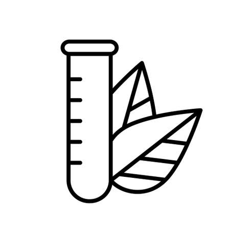 Laboratory glass with leaves in background. Line art of chemical research. Black illustration of medical analysis, ecology, agriculture. Contour isolated vector. Organic tube iconのイラスト素材