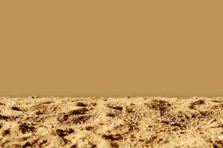 Sand with beige background, hard sunlight. Horizontal template for banner with copy space. Monochrome brown mockup for natural organic product, eco cosmetic. Desert and drought concept. Sultry moodの写真素材