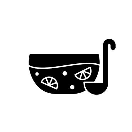 Silhouette of Fruit punch in large glass bowl with soup ladle. Outline icon of alcoholic cocktail with juice. Black simple illustration of drink in big dish. Flat isolated vector on white backgroundのイラスト素材