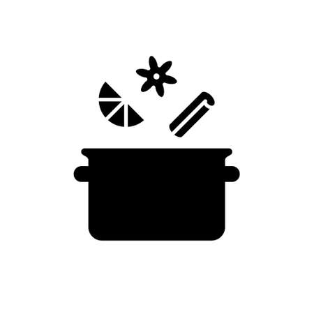 Silhouette Saucepan with spices. Outline icon of brewing process. Cooking mulled wine or compote on stove. Cinnamon stick, citrus slice, star anise. Black illustration. Flat vector, white backgroundのイラスト素材