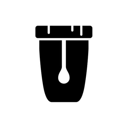 Silhouette medical test jar. Outline icon of universal container with spatula for sampling biomaterial. Black pictogram of laboratory analyzes of feces, urine. Flat isolated vector, white backgroundのイラスト素材