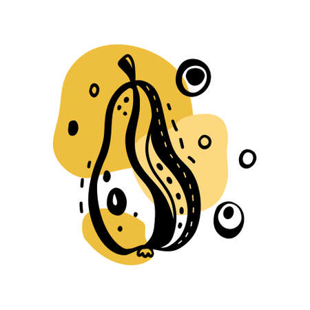 Stylized outline pear on abstract yellow spots background. Typographic illustration for card, t shirt, interior print, picture. Doodle hand drawn image of sweet summer fruit. Vector graphic posterのイラスト素材