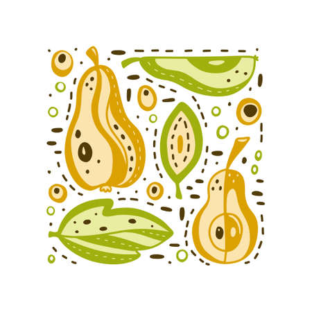 Square poster with yellow pears, green leaves, abstract elements. Stylized garden fruits, isolated icons set. Doodle hand drawn color illustration. Vector image for stamp on bag, clothes, label, printのイラスト素材