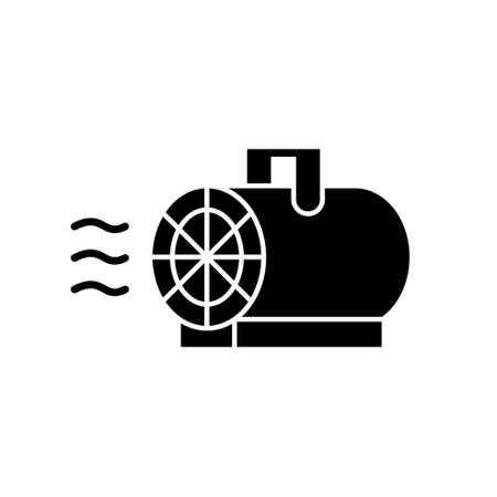 Silhouette Industrial Electric Fan Heater. Outline icon of cylindrical building dryer with handle and hot air. Black illustration of professional repair tool.のイラスト素材