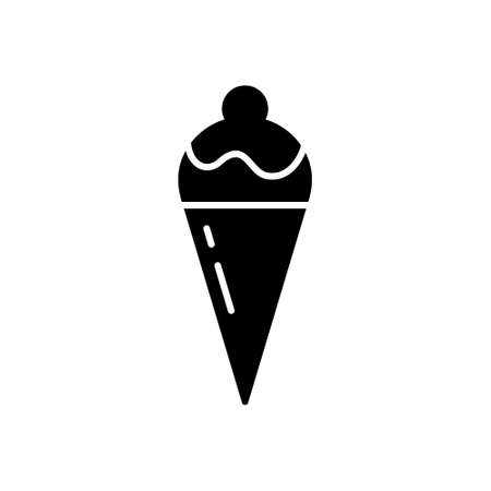 Silhouette Ice cream cone. Waffle cone, ice cream scoop with icing, cherry. Outline icon of classic summer sweet.のイラスト素材