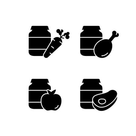 Silhouette set of food preservation. Glass jar with different types of baby food.のイラスト素材