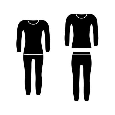 Silhouette set of thermal underwear, compression suit. Black icons of elastic garment for winter sport, fitness, pajamas. Unisex single pants, longsleeve. Flat isolated vector, white backgroundのイラスト素材