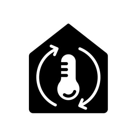 Silhouette icon of Home climate control. Outline pictogram of smart technology for room. Black simple illustration of thermometer with circular arrows. Flat isolated, white backgroundのイラスト素材
