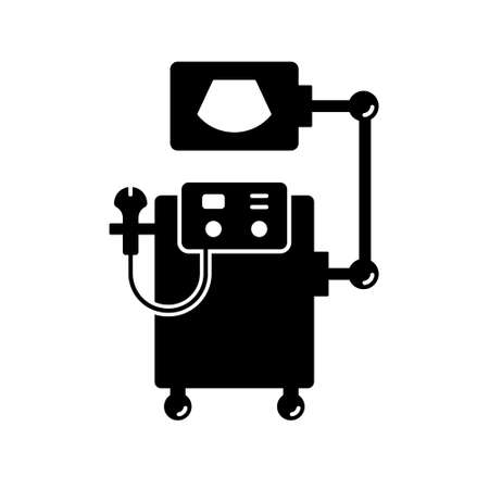 Silhouette Ultrasound machine. Professional medical equipment icon. Black illustration of hospital diagnostic apparatus, scan of pregnant woman. Flat isolated vector pictogram, white backgroundのイラスト素材