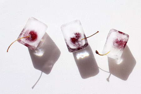 Frozen cherries in ice cubes on white textured background. Hard sunlight, dark shadow, flat lay....