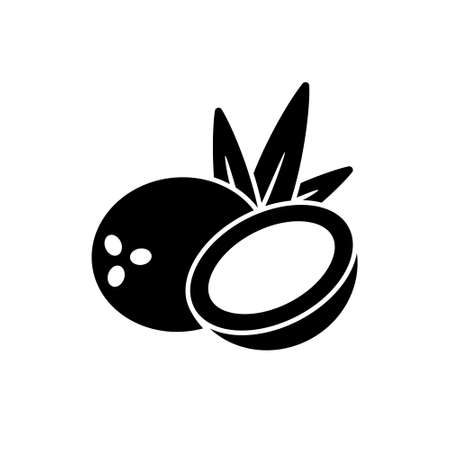 Silhouette Coconut. Half and whole nut with leaves. Cartoon outline icon, tropical fruit. Black food packaging design. Flat isolated vector illustration, white background.のイラスト素材