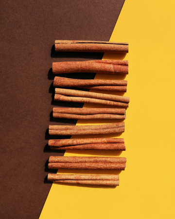 Cinnamon, vertical poster, flat lay. Concept of combination of two flavors of vanilla, chocolate. Vibrant yellow, brown colors. Eco spice. Cassia tree bark texture sticks on double diagonal backgroundの写真素材
