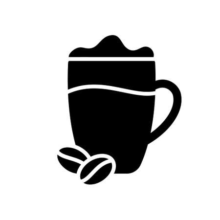 Silhouette glass cup with coffee drink. Outline clear mug with two beans and whipped milk. Black illustration of two-layer beverage with foam. Flat isolated vector icon of cappuccino, latte, dalgonaのイラスト素材