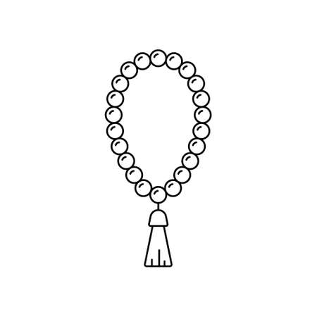 Holy rosary. Linear prayer beads icon. Black simple illustration of religious accessory with tassel. Attribute of Christianity, Islam, Buddhism. Contour isolated vector emblem, white backgroundのイラスト素材