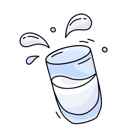 Glass of milk or water with spray. Falling clear cup with drink and splash of drops. Color hand drawn emblem of dairy products, yogurt, kefir. Doodle isolated vector illustration, white backgroundのイラスト素材