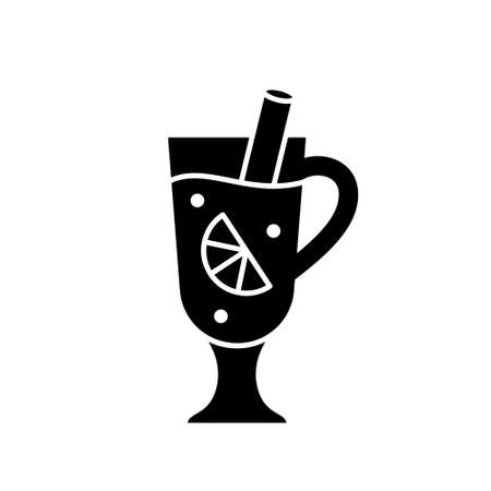 Silhouette glass of mulled wine with spices. Outline icon of drink with cinnamon stick, orange slice. Black illustration of warming winter beverage. Flat isolated vector pictogram, white backgroundのイラスト素材