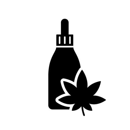 Cutout silhouette of hemp oil. Dropper bottle with cannabis leaf. Outline icon of herbal cosmetic. Black simple illustration of vial with cap face serum. Flat isolated vector emblem, white backgroundのイラスト素材