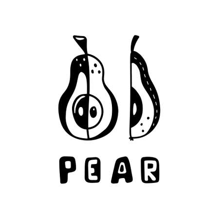 Whole pear and half, lettering. Freehand style, black stamp, print, poster. Doodle hand drawn outline illustration of garden fruits. Stylized image for eco farming.のイラスト素材
