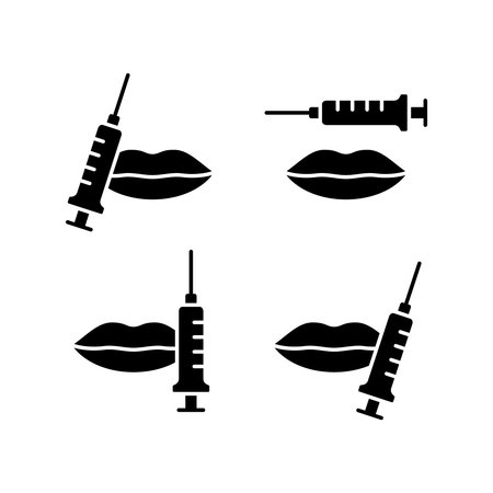 hyaluronic acid injection. Lip shape correction silhouette icon set. Outline illustration of plastic with filler, lip augmentation, facial rejuvenation. Flat isolated vector, white backgroundのイラスト素材