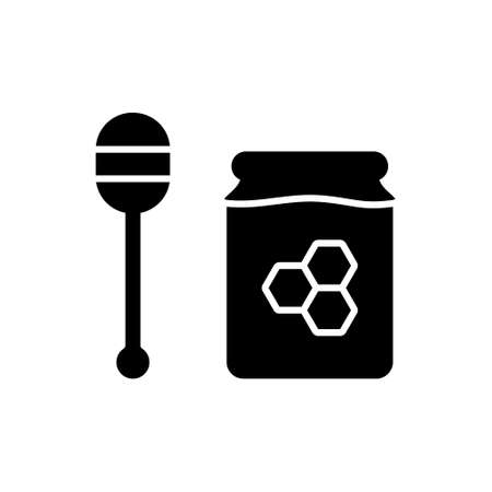Silhouette Honey set. Outline icon of spoon, jar with honeycomb. Black simple illustration of healthy sweets. Flat isolated vector pictogram on white backgroundのイラスト素材