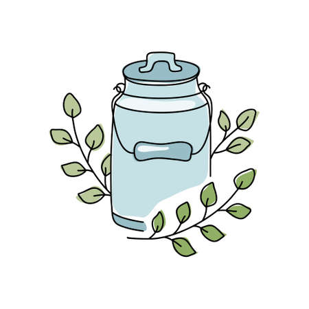 Milk can with sprigs of plant. Color doodle illustration for organic dairy products. Thin line art icon for eco farm, packaging design, label. Hand drawn isolated vector on white backgroundのイラスト素材