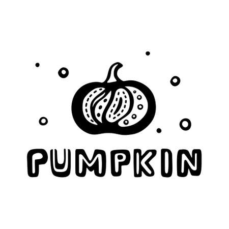 Pumpkin print. Graphic poster with lettering, decorative elements. Black doodle illustration for silkscreen. Hand drawn image. Flat isolated vector, white backgroundのイラスト素材