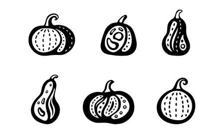Stylized pumpkin, icons set. Black graphic squash with different decorative elements. Doodle hand drawn illustration. Template for print, stamp, poster, banner. Flat isolated vector, white backgroundのイラスト素材