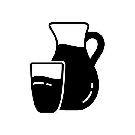 Silhouette Round jug and glass with drink. Outline icon of milk, cream, juice, water. Black simple illustration of farm dairy products. Flat isolated vector pictogram on white backgroundのイラスト素材