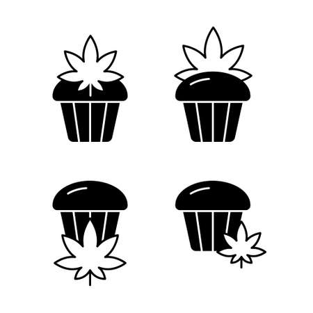 Cannabis cupcake, silhouette icons set. Outline of hemp or marijuana cake. Black simple illustration for bakery products, packaging design. Flat isolated vector emblem on white backgroundのイラスト素材