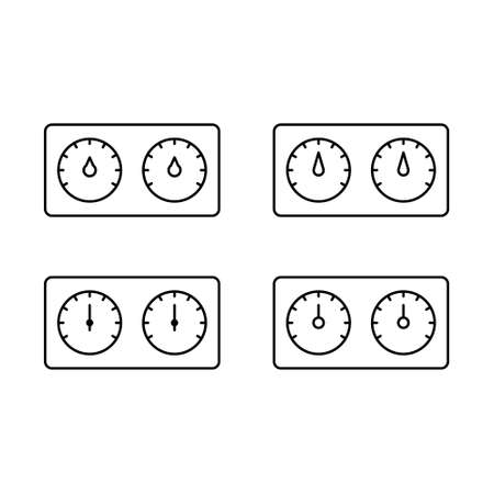 Hygrometer with two dials, icons set. Linear pictogram of bath thermohygrometer. Black simple illustration of special device for measuring air humidity and temperature.のイラスト素材