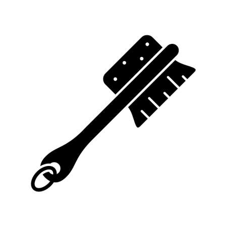 Body massage brush with long handle. Silhouette icon of double sided bath or spa accessory. Black illustration of peeling pumice stone, stiff bristles for skin tone.のイラスト素材