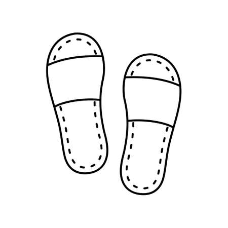 Disposable slippers, linear icon. Pair of unisex hotel shoes. Black simple illustration of accessory for travel, spa guests. Contour isolated vector pictogram on white backgroundのイラスト素材