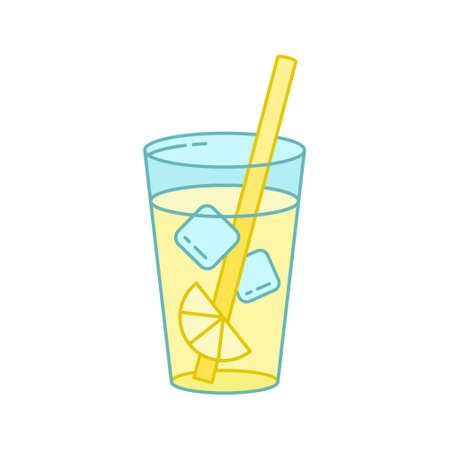 Lemonade or Long Island cocktail, color icon. Line art pictogram of clear glass with ice, lemon slice, straw. Cartoon illustration of refreshing cold drink.のイラスト素材