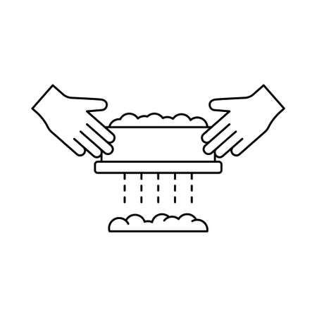 Two hands hold sieve with flour, cereals or powdered sugar. Linear icon of manual sifting, handmade cooking. Black simple illustration. Contour isolated vector pictogram on white backgroundのイラスト素材