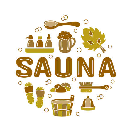 Sauna, color round emblem for label, print, poster with text. Brown outline illustration of wooden tub, ladle, hat, broom, beer mug, brush, soap, slippers. Cutout silhouette vector, white backgroundのイラスト素材