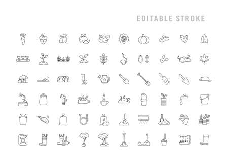 Gardening icons set. Pictograms for growing plant, flower, vegetable, fruit. Garden tools for working with seeds, soil, ground. Black linear editable stroke emblem. Contour isolated vectorのイラスト素材