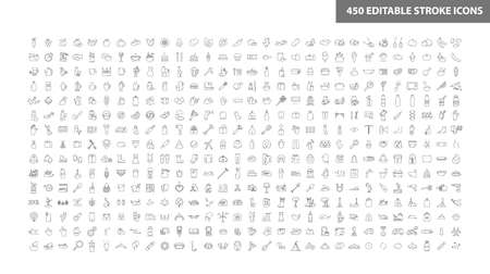 Icons set. Big collection of linear universal pictogram. Basic editable stroke symbols. Food, drink, business, finance, health, medicine, clothes, children, gardening, pets, home. Black contour vectorのイラスト素材