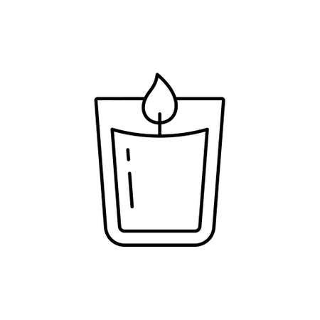 Candle in glass. Linear icon of aromatic accessory for cozy home, spa salon. Black simple illustration of aromatherapy, homeliness. Contour isolated vector pictogram on white backgroundのイラスト素材