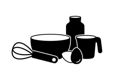 Preparation of pancake batter. Horizontal silhouette pictogram of cooking, basic set. Bowl, whisk, milk, eggs, measuring cup. Black illustration for food packaging design. Outline isolated vectorのイラスト素材