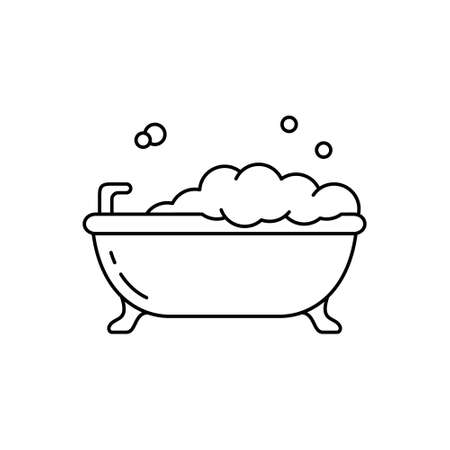 Bubble bath. Linear icon of bathtub on legs with lather. Black simple illustration of bathroom, hygiene, cleanliness of body. Contour isolated vector pictogram on white backgroundのイラスト素材