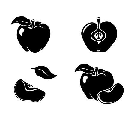 Apple icons set. Whole fruit, half, slice, leaf. Hand drawn silhouette clipart. Black simple illustration for packaging design, label. Element for eco product. Flat isolated vector, white backgroundのイラスト素材