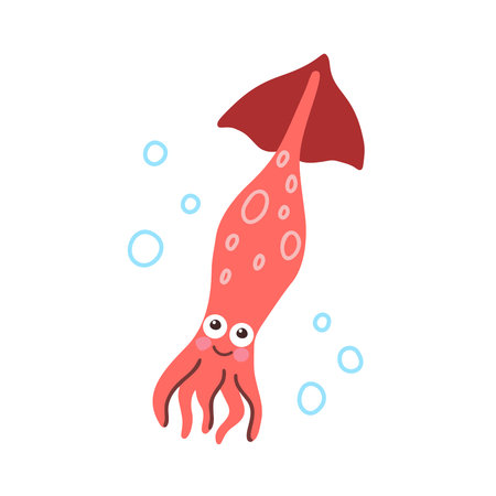 Cute squid character with smile and air bubbles. Cartoon hand drawn illustration. Childish ocean animal for poster, print, t shirt. Flat isolated vector clipart, white backgroundのイラスト素材