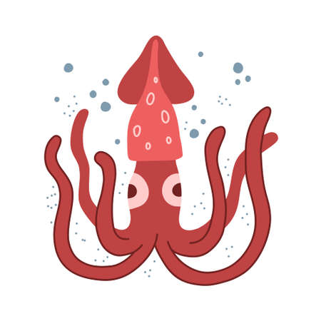 Funny calamari character. Cartoon hand drawn illustration of red squid with air bubbles. Cute ocean animal. Childish t shirt print, poster, cover design. Flat isolated vector on white backgroundのイラスト素材