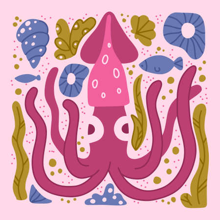 Squid or funny calamari hand drawn illustration. Square cartoon poster of pink ocean animal with green sea plants, blue fish, shell. Childish t shirt print, cover design. Color isolated vector elementのイラスト素材