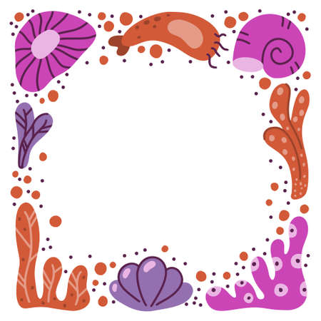 Fantasy frame with hand drawn marine elements, copy space. Square border of cartoon ocean plants, fish, shell. Flat vector illustration. Template for childish banner, poster, card. Pink purple colorのイラスト素材