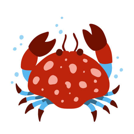 Crab character. Cartoon hand drawn illustration of cute ocean animal, air bubbles. Red, blue fantasy sea crayfish. Childish t shirt print, poster, cover design. Flat isolated vector, white backgroundのイラスト素材