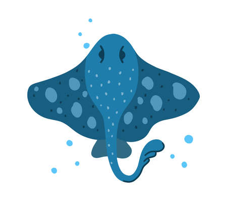 Electric ray or crampfish character. Cartoon hand drawn illustration of cute ocean animal. Blue fantasy sea rampfish. Childish t shirt print, poster. Flat isolated vector clipart, white backgroundのイラスト素材