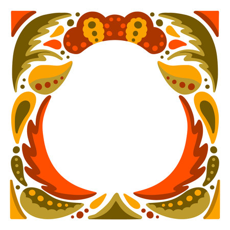 Symmetric square ornament, copy space. Hand drawn decorative frame for banner, place for text in center. Orange, green, yellow abstract elements. Flat isolated vector illustration, white backgroundのイラスト素材