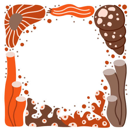 Brown and orange ocean frame with hand drawn marine elements, copy space. Square border of cartoon seaweed, shell, coral. Flat vector illustration on white. Template for childish banner, poster, cardのイラスト素材