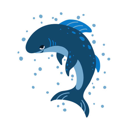 Shark character. Cartoon hand drawn illustration of cute ocean animal. Blue dangerous fish with sly look. Childish t shirt print, poster. Flat isolated vector clipart, white backgroundのイラスト素材